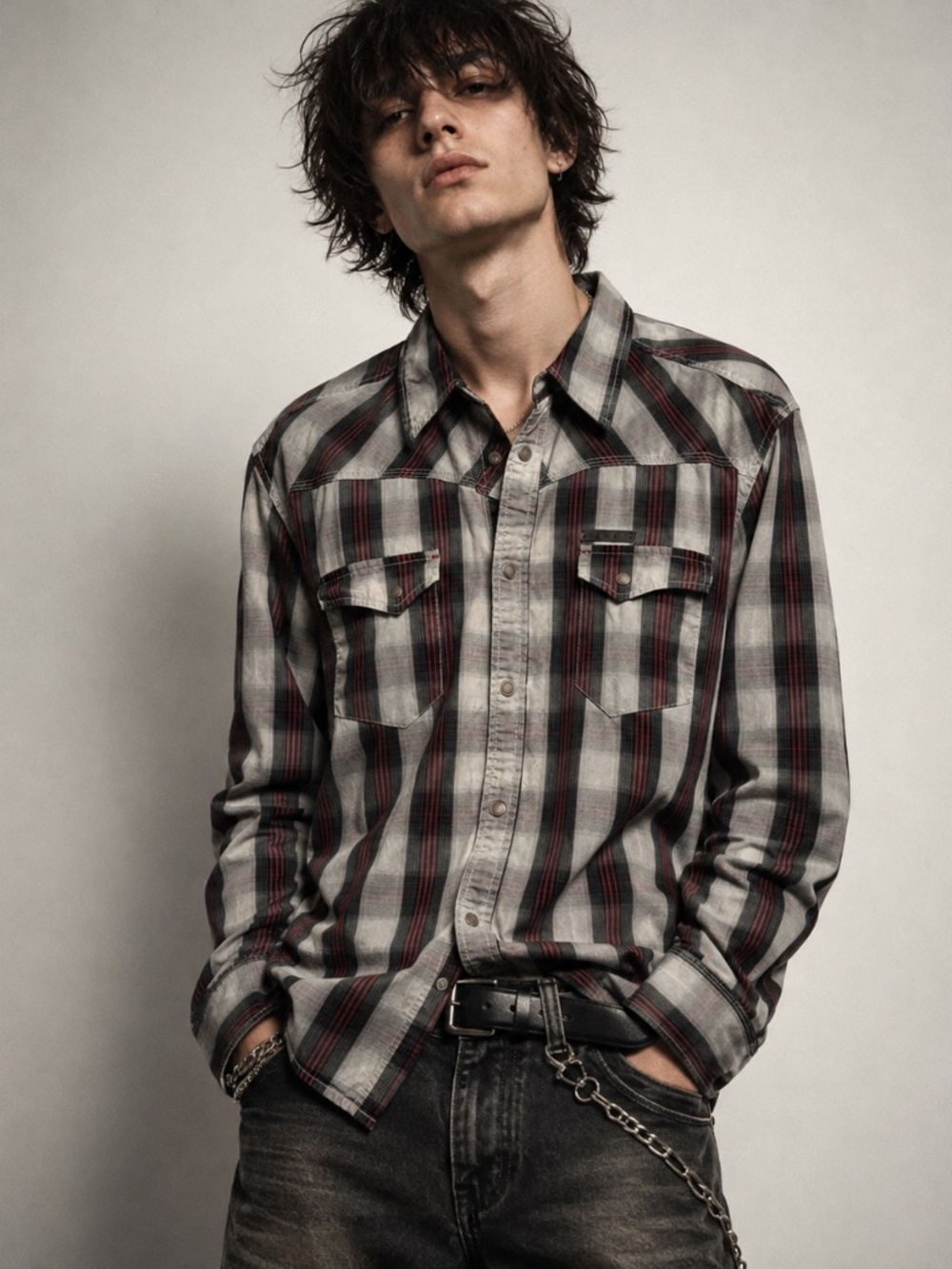 JACK & JONES Vintage Denim Western Plaid Snap Front Shirt Men’s Medium Red Grey